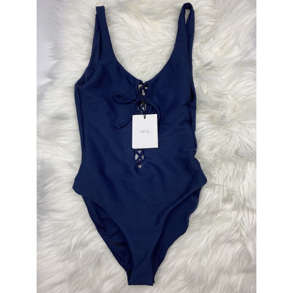 New $195 Anthropologie ONIA Women's Bridget Ribbed One Piece Navy Swimsuit XS